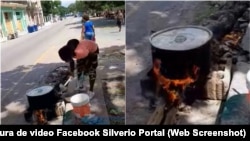 Cubanos cocinando con carbón en plena calle