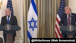 El presidente estadounidense, Donald Trump, y el primer ministro israelí, Benjamin Netanyahu, en conferencia de prensa, Washington, D.C., 29 de septiembre del 2025.